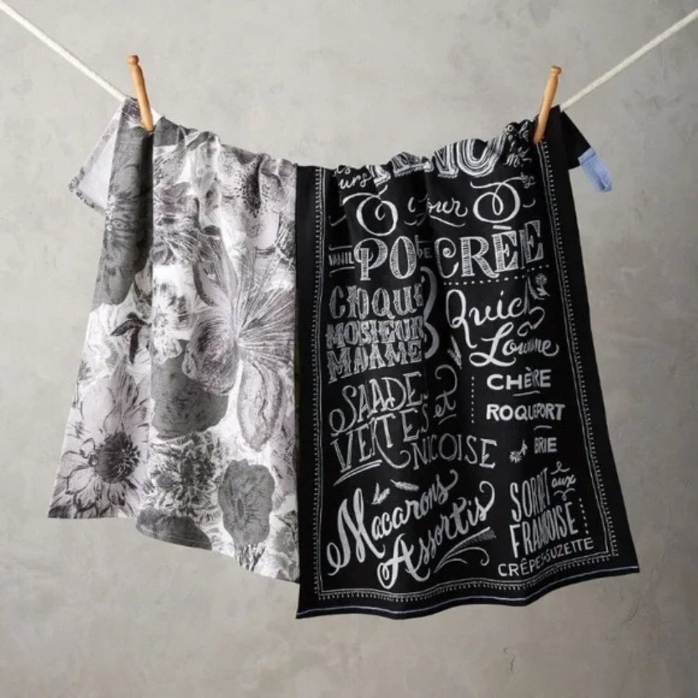 ☕️ Anthropologie Bistro Menu Tea Towel Set Chalkboard Floral